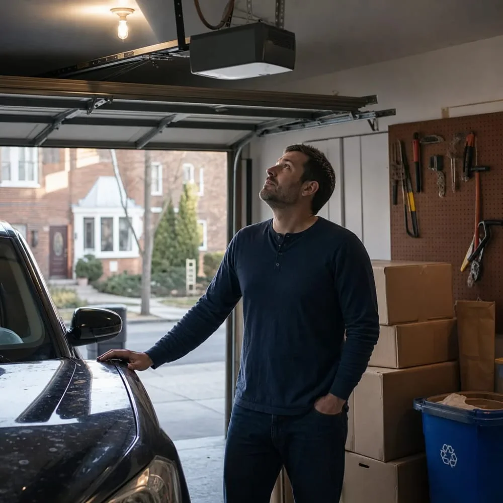 garage-door-opener-homeowner-concern-philadelphia Homeowner noticing garage door opener issue inside Philadelphia home garage
