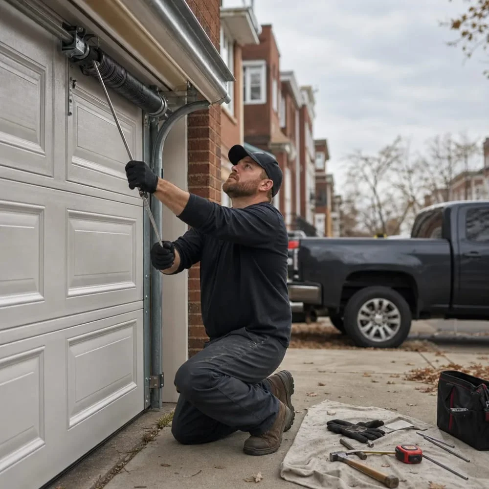 garage-door-spring-repair-torsion-winding-philadelphia Technician winding a torsion spring on a garage door in Philadelphia