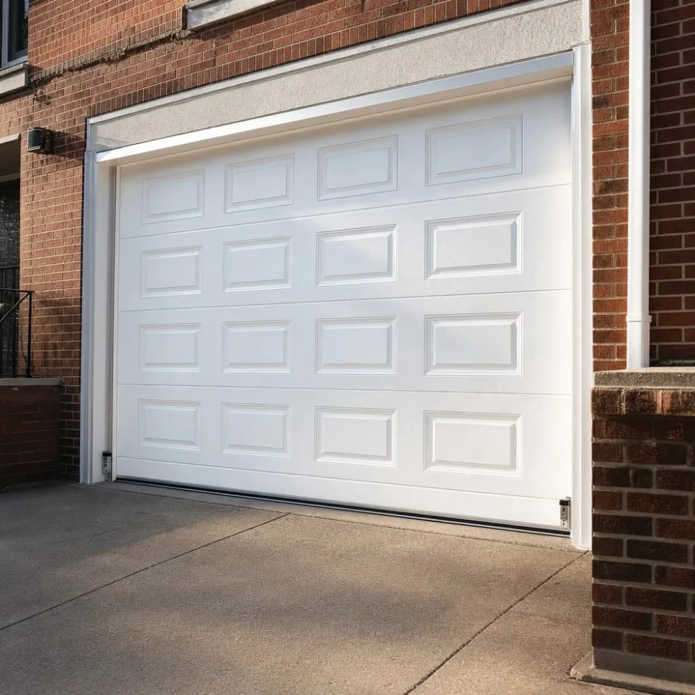 garage-door-repair-completed-result-philadelphia Repaired garage door closed evenly on a Philadelphia rowhome driveway